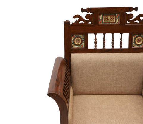 Maharaja-II Single Seater Sofa in Teakwood with Walnut Finish adorned with Dhokra Brass Frames