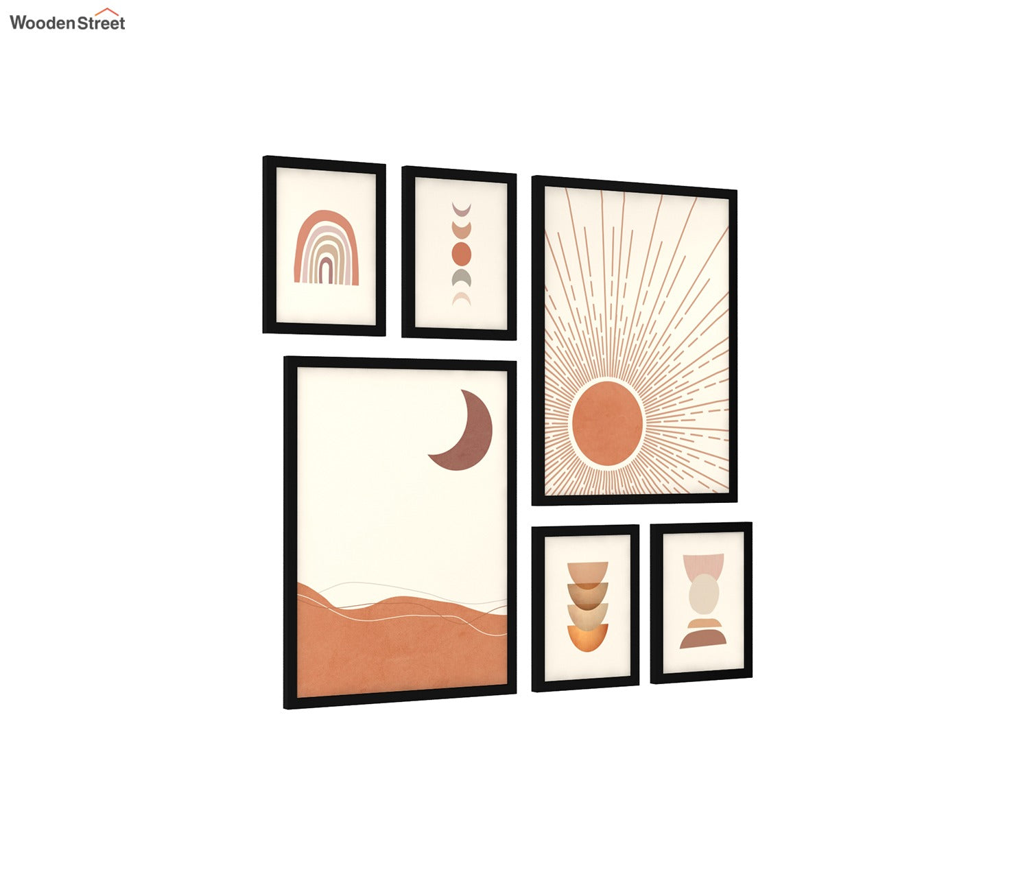 Neutral Hues Of Sun And Moon Wall Frame - Set Of 6 (Rectangle, Black, Canvas)