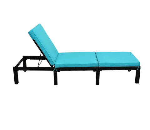 Dark Brown Adjustable Outdoor Patio Lounger With Sky Blue Cushions