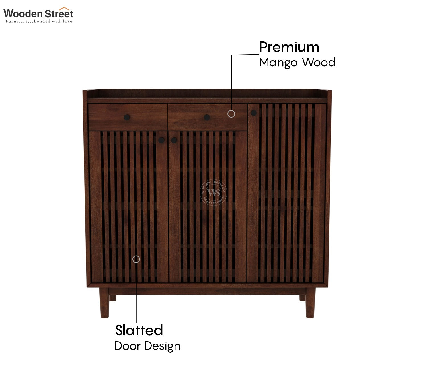 Gaitor Soild Wood Shoe Cabinet with Drawers & Slatted Doors (Mango Wood, Teak Finish)
