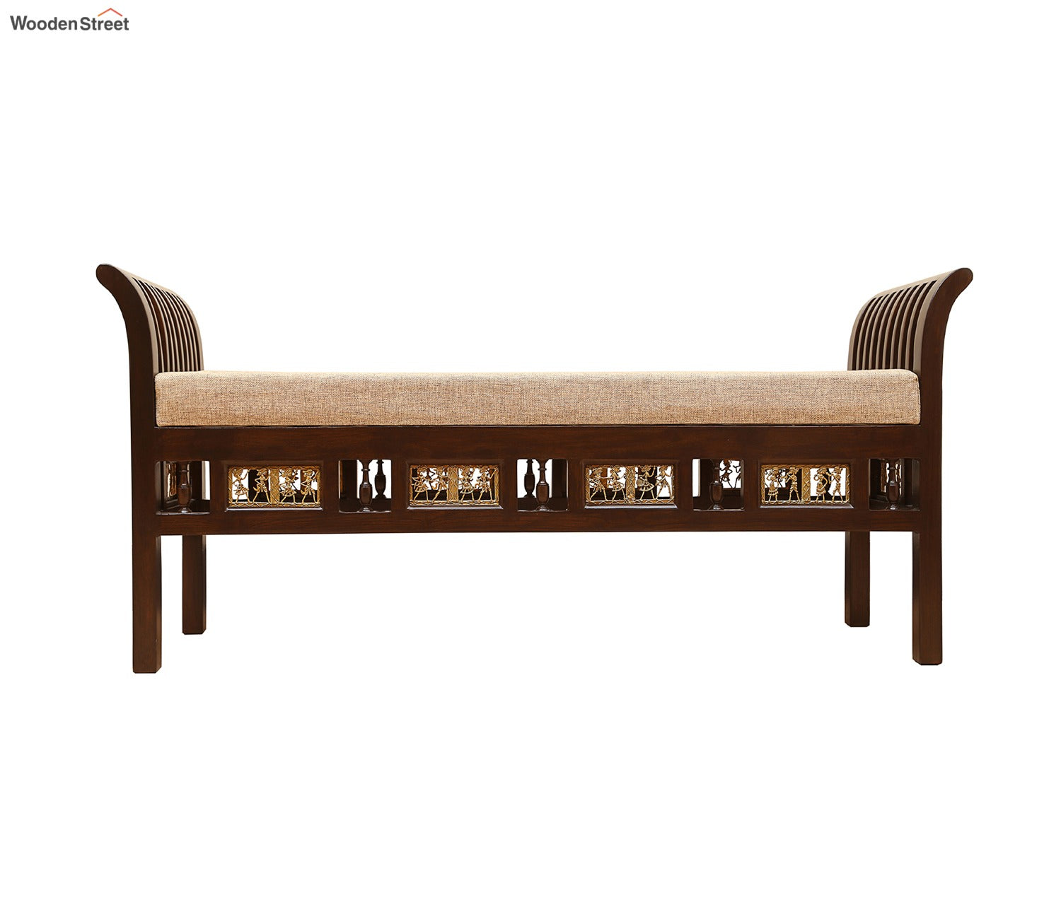 Myla-III Ottoman Cushioned Double Seater with Striped Wood Pattern in Walnut Finish
