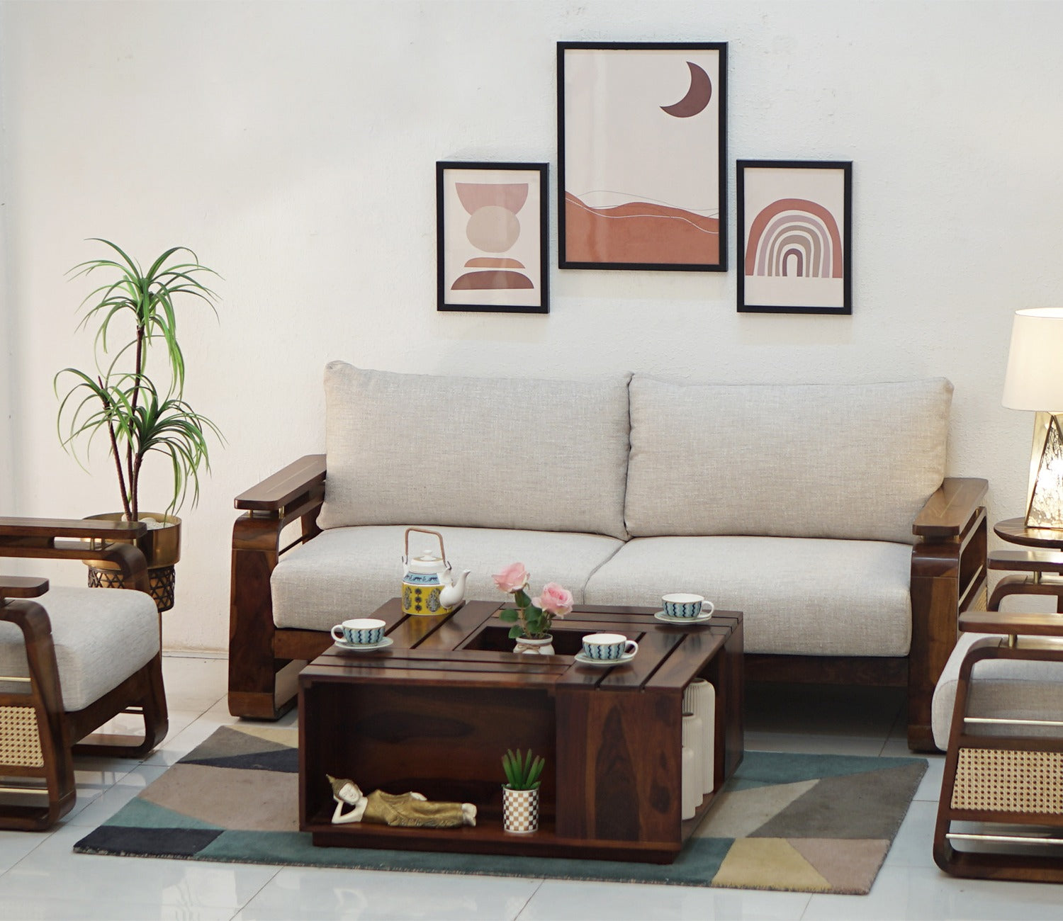 Vedic 3+1+1 Sheesham Wood Sofa Set With Cane and Brass Detailing (Honey Finish, Jade Ivory)