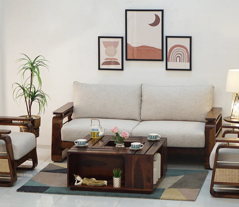 Vedic 3+1+1 Sheesham Wood Sofa Set With Cane and Brass Detailing (Honey Finish, Jade Ivory)