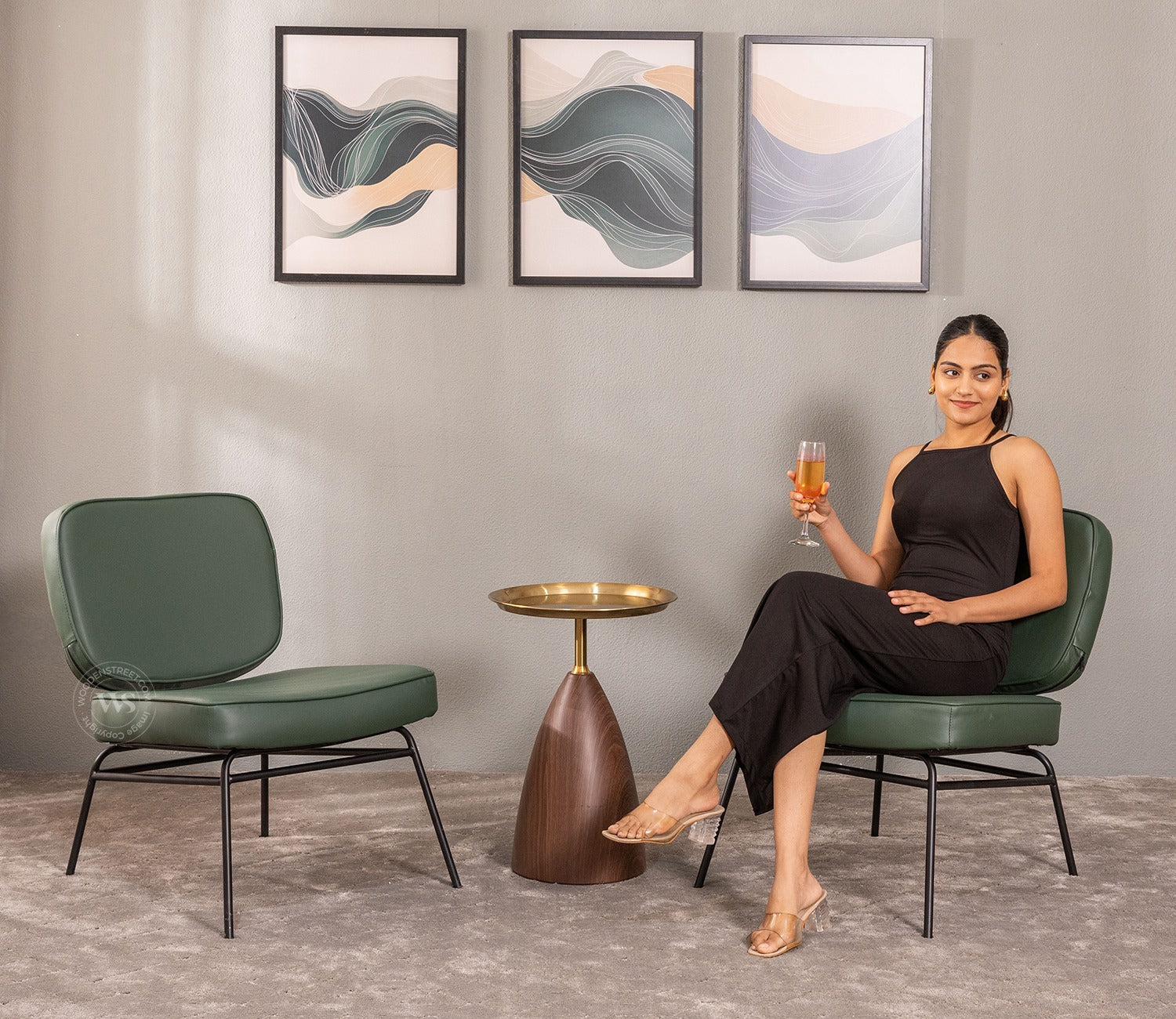 Calista Minimalist Lounge Chair with Leatherette Upholstery and Black Powder-Coated Legs (Olive Green)