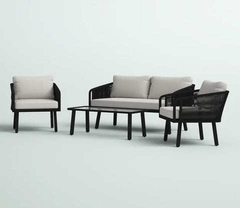 Black Rope 4 Seater With Table And Off-White Cushions Patio Set