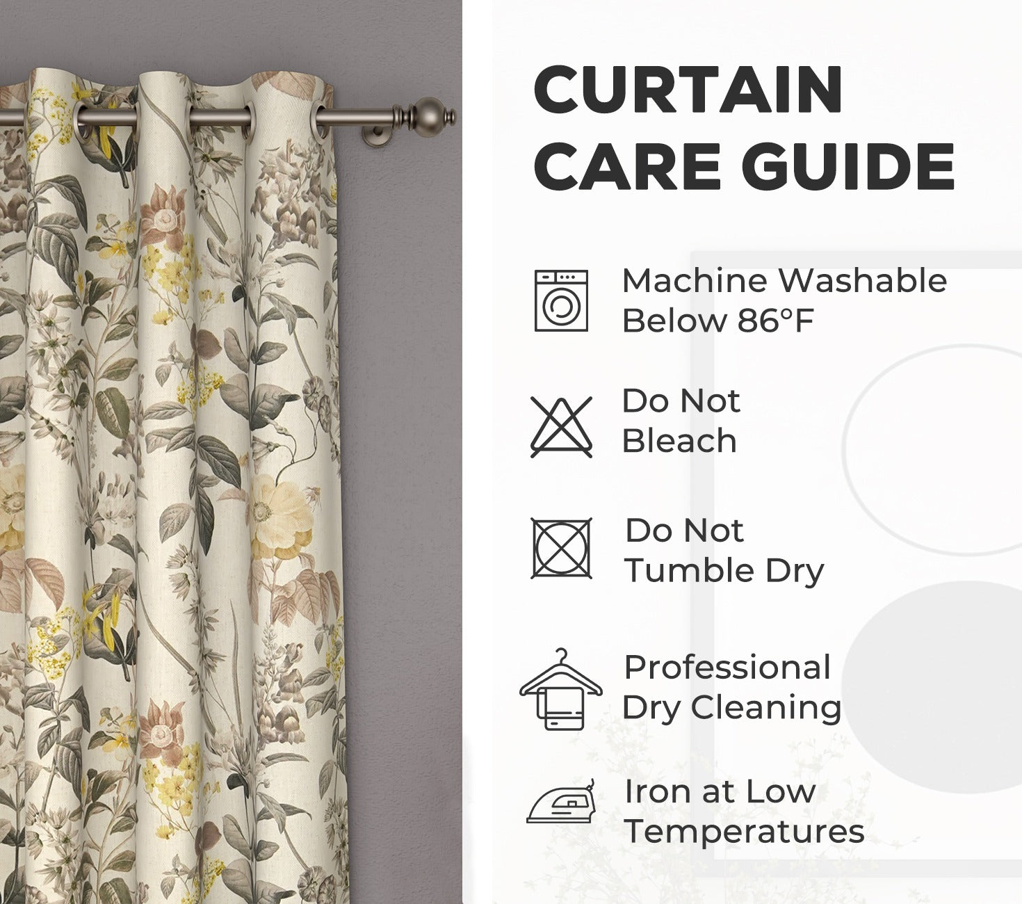 Leafy Floral Print 1 Piece Light-Filtering Curtain (Grey, 7 Feet)