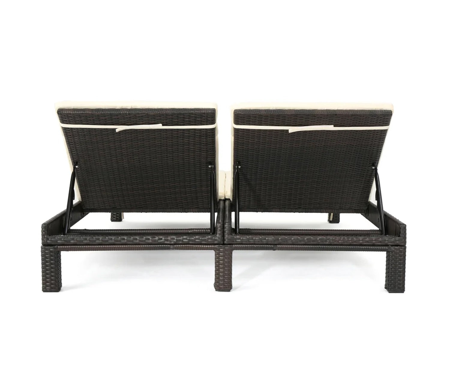 Dark Brown Adjustable Outdoor Attached 2 Patio Lounger With Cream Cushions