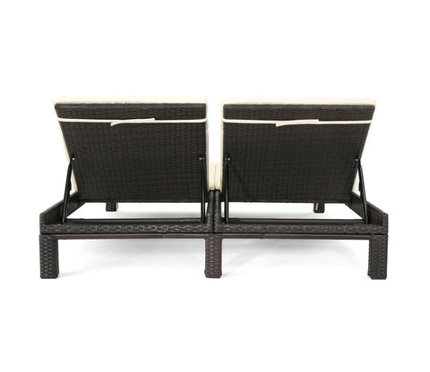 Dark Brown Adjustable Outdoor Attached 2 Patio Lounger With Cream Cushions