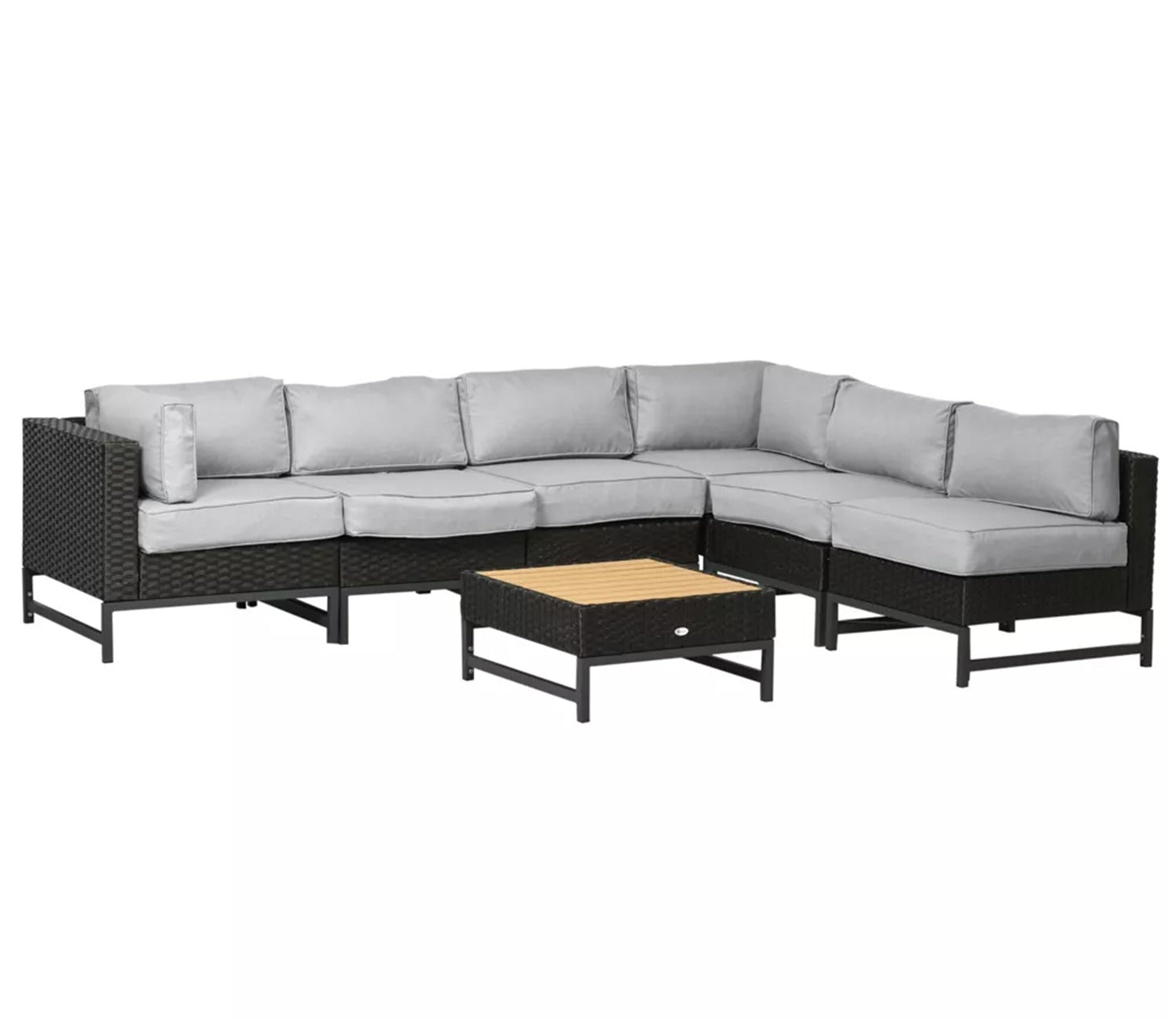 Black Rattan And Wicker 6 Seater Sofa Set With Table And Grey Cushions