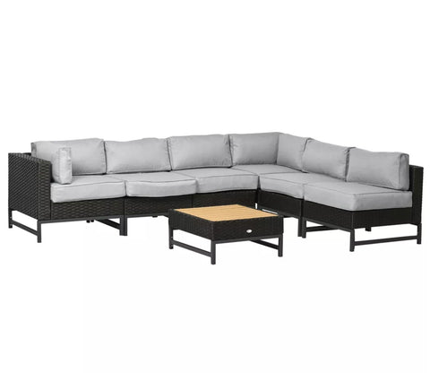 Black Rattan And Wicker 6 Seater Sofa Set With Table And Grey Cushions