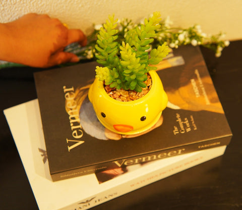Whimsy Ceramic Enamel Pot With Artificial Flowers (Yellow)
