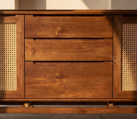 Ishana Mango Wood Designer Cabinet with Cane Detailing (Teak Finish)