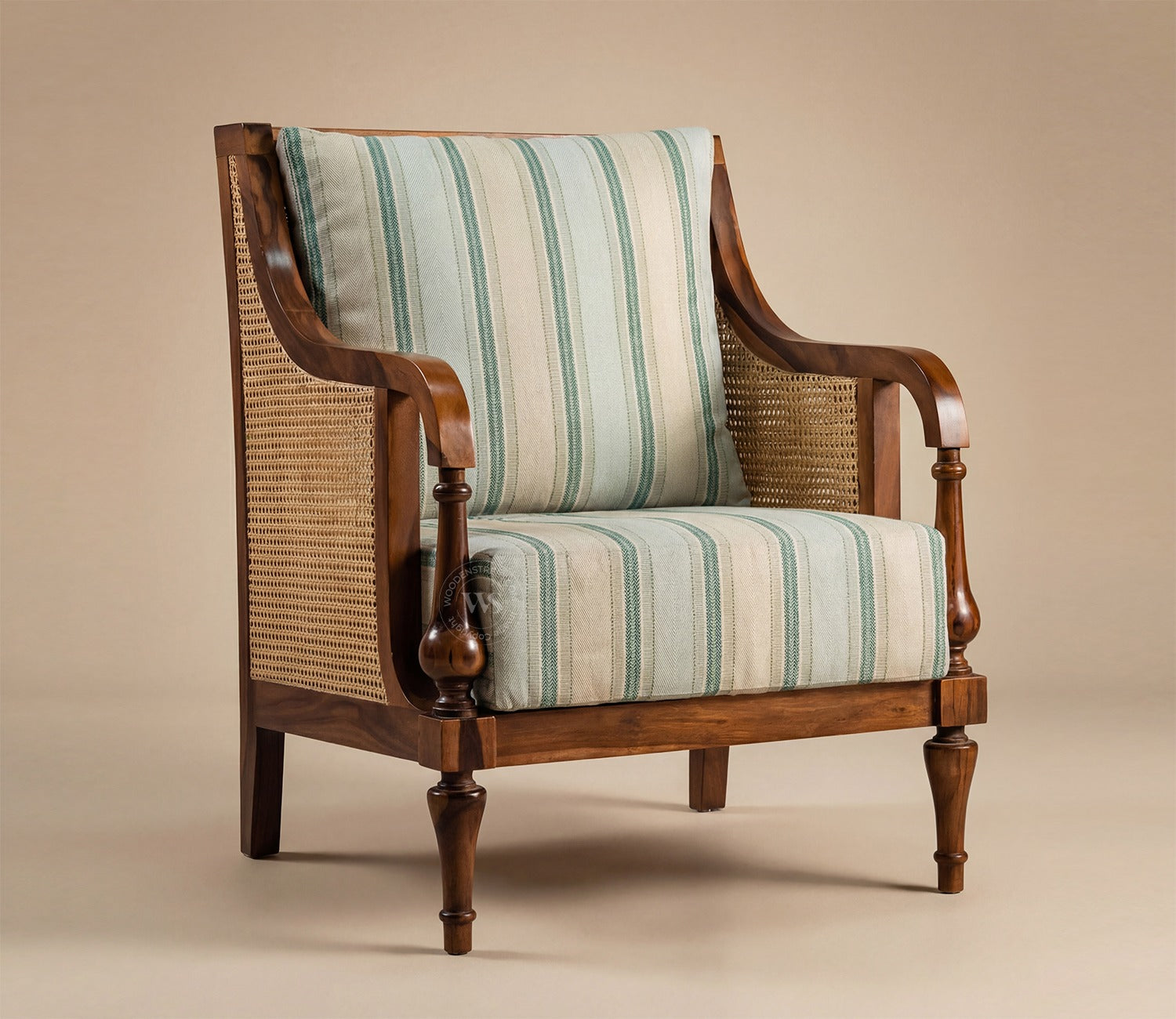 Eterna Sheesham Wood Lounge Chair With Premium Upholstery & Cane Detailing (Teak Finish)