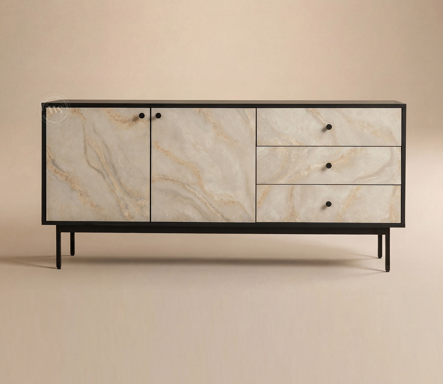 Marbay Modern Black Sideboard & Cabinet with Textured Front & Metal Base (Engineered Wood, Marble Pattern)