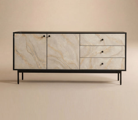 Marbay Modern Black Sideboard & Cabinet with Textured Front & Metal Base (Engineered Wood, Marble Pattern)
