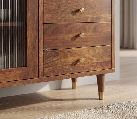 Briska Mango Wood Cabinet with Fluted Glass & Drawer Storage (Teak Finish)