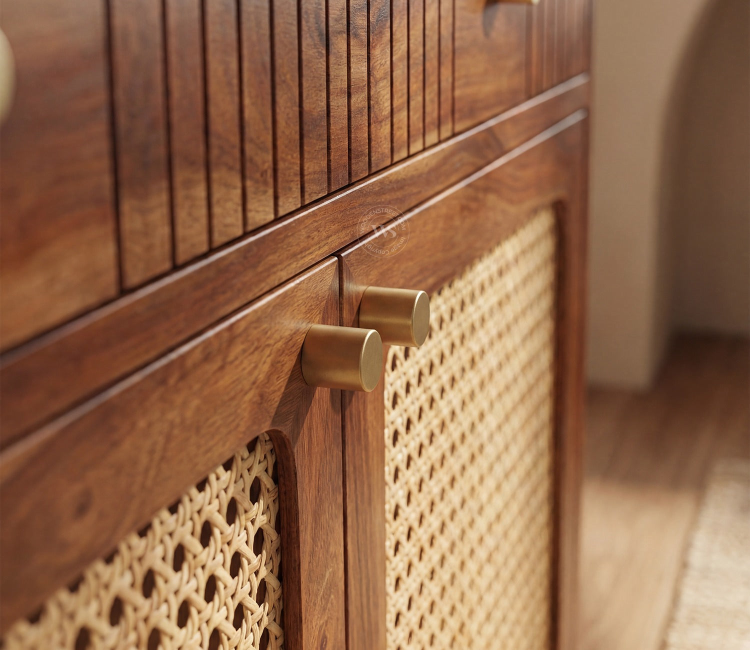 Sanchay Classic Kitchen Cabinet with Fluted Glass, Cane Weave & Brass Knobs (Teak Finish)