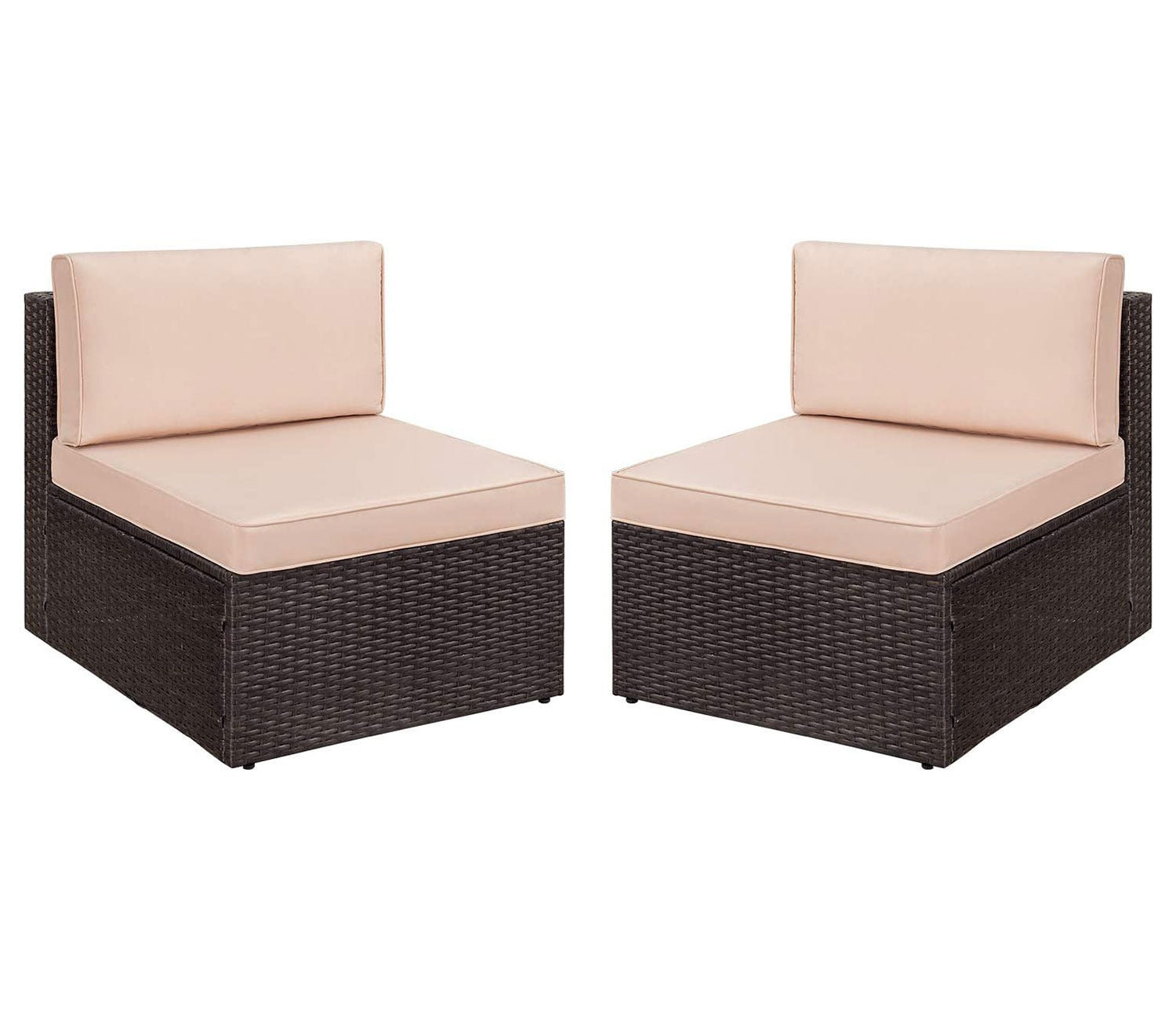 Dark Brown Rattan And Wicker Patio Sofa Cum Chair And Cream Cushions (Set Of 2)