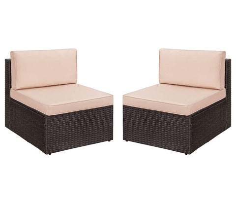 Dark Brown Rattan And Wicker Patio Sofa Cum Chair And Cream Cushions (Set Of 2)