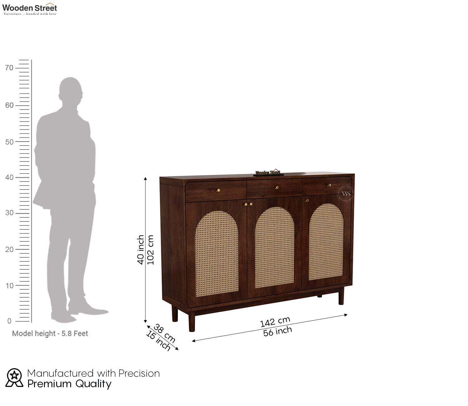 Mazie Premium Solid Wood Shoe Rack With Storage & Cane Detailing (Mango Wood, Teak Finish)