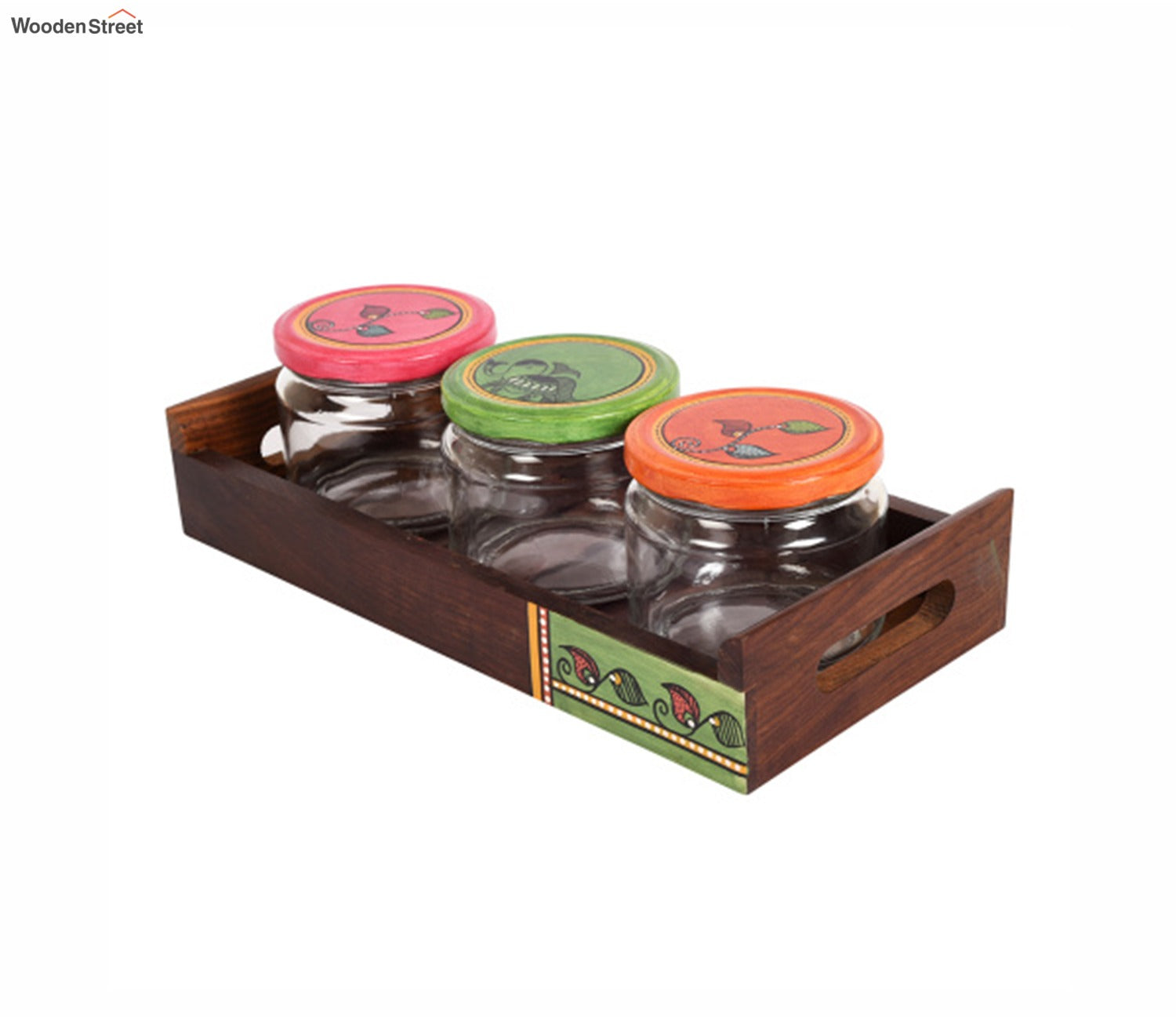 Madhubani Art Handcrafted Wooden Tray With Glass Jars