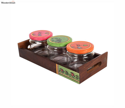 Madhubani Art Handcrafted Wooden Tray With Glass Jars