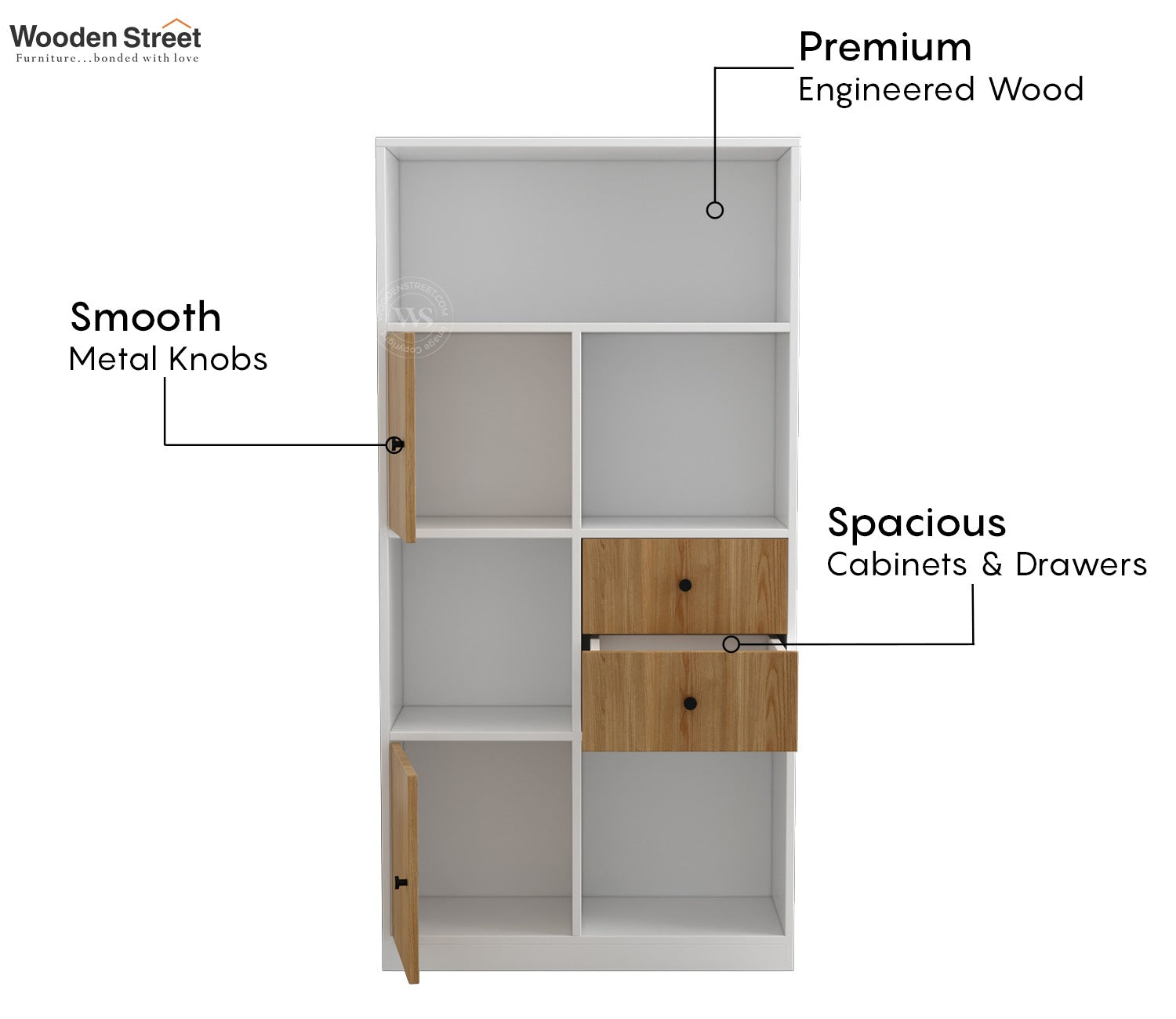 Sheldon Modern Bookshelf with Open & Closed Storage, Textured Fronts (Engineered Wood, Santana Pattern)