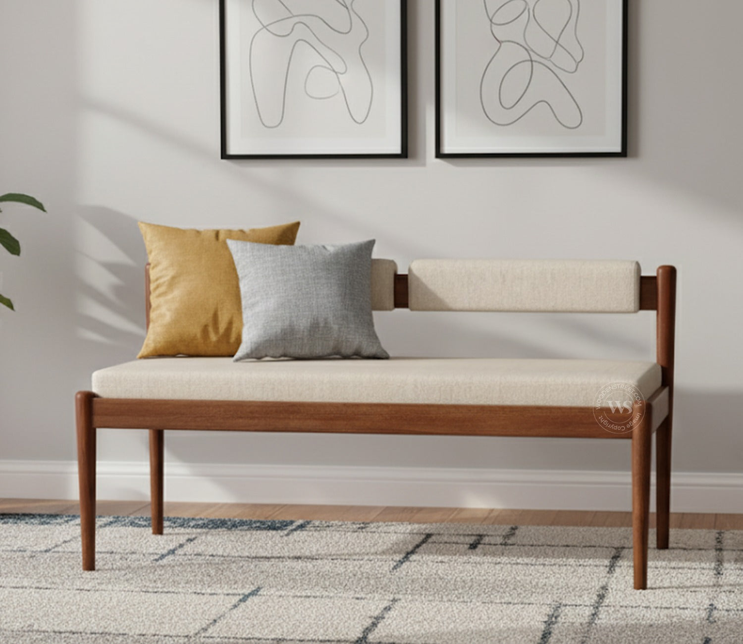 Raavi Mango Wood Upholstered Bench with Backrest (Teak Finish, Jade Ivory)