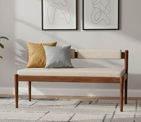 Raavi Mango Wood Upholstered Bench with Backrest (Teak Finish, Jade Ivory)