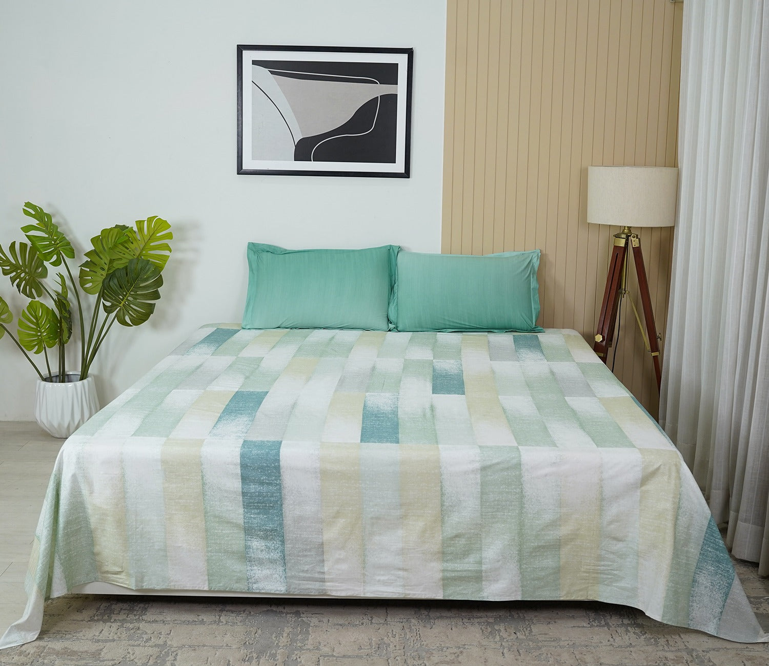 Grid Rectangular 180 TC Flat Pure Cotton King Size Bedsheet With 2 Pillow Covers (Blue)