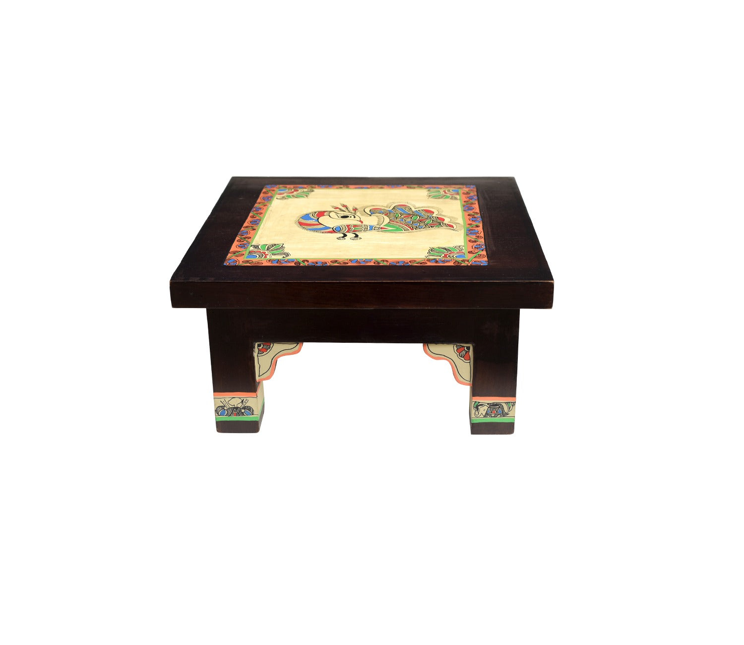 Multicolor Teakwood Peacock Chowki