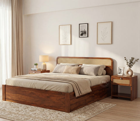 Balikos Sheesham Wood Bed with Drawer Storage and Cane Detailing (King Size, Teak Finish)