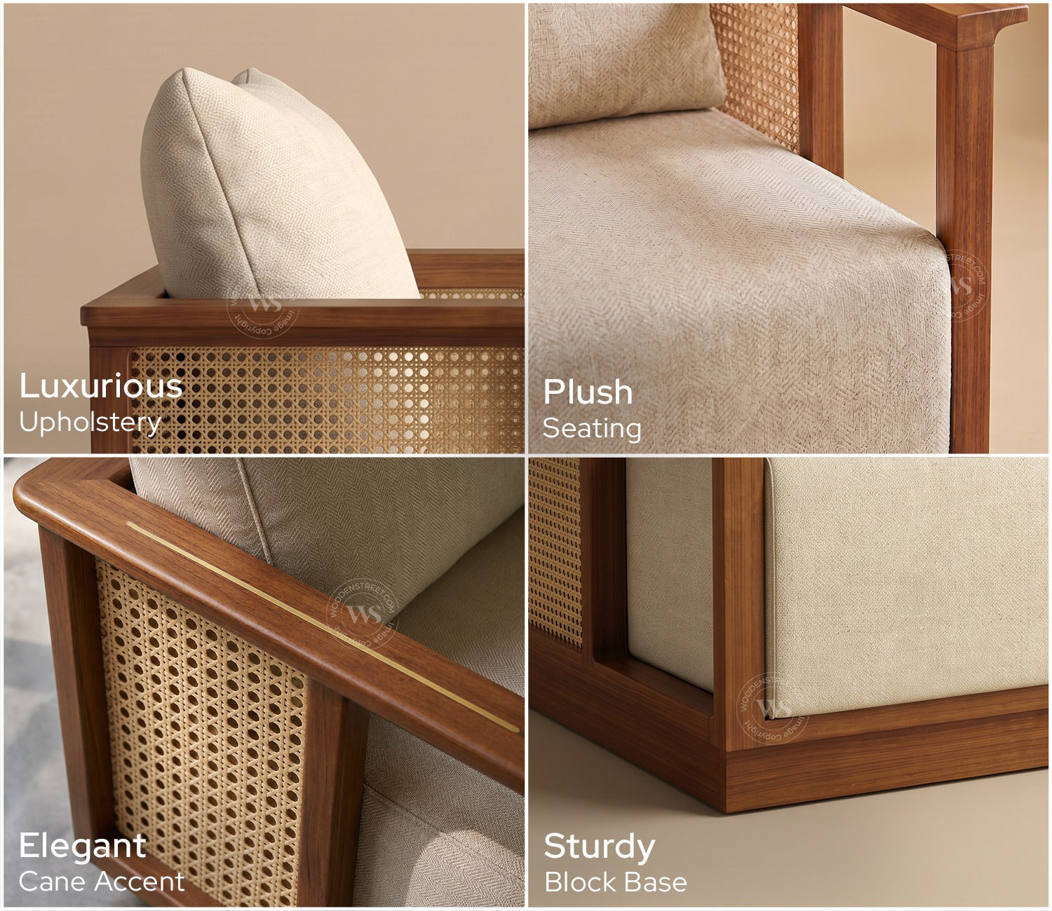 Varnik 3+1+1 Ash Wood Sofa Set with Cane Accents (Teak Finish, Cottage Ivory)