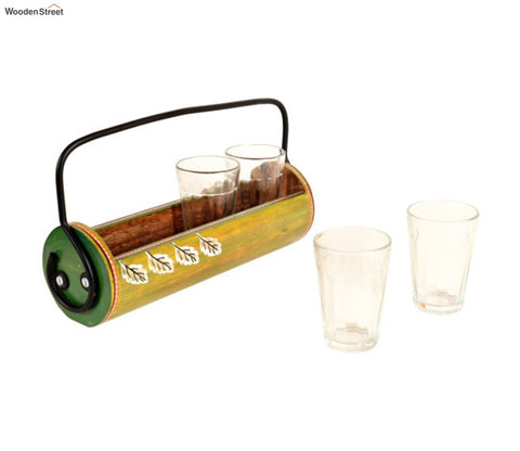 Green Colour Wooden Snacks Carrier With Glasses