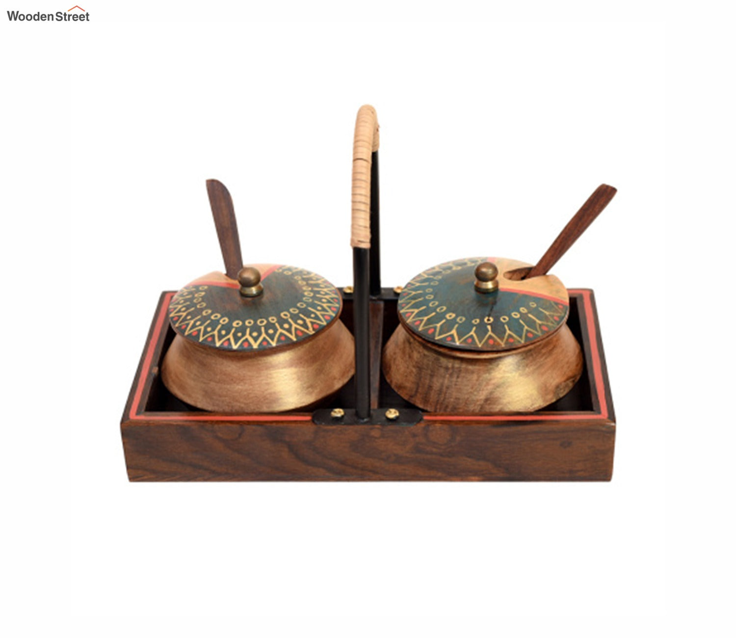 Brown Wooden Handi Set With Stylish Metal Handle Tray