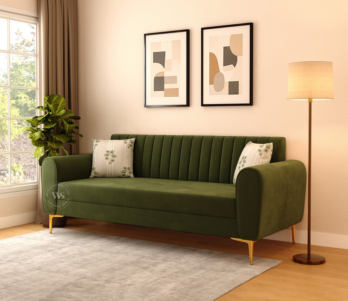 Medusa 3 Seater Fabric Sofa (Velvet, Dark Olive Green)