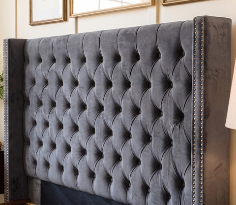 Drewno Sheesham Wood Upholstered Bed With Storage (King Size, Graphite Grey)
