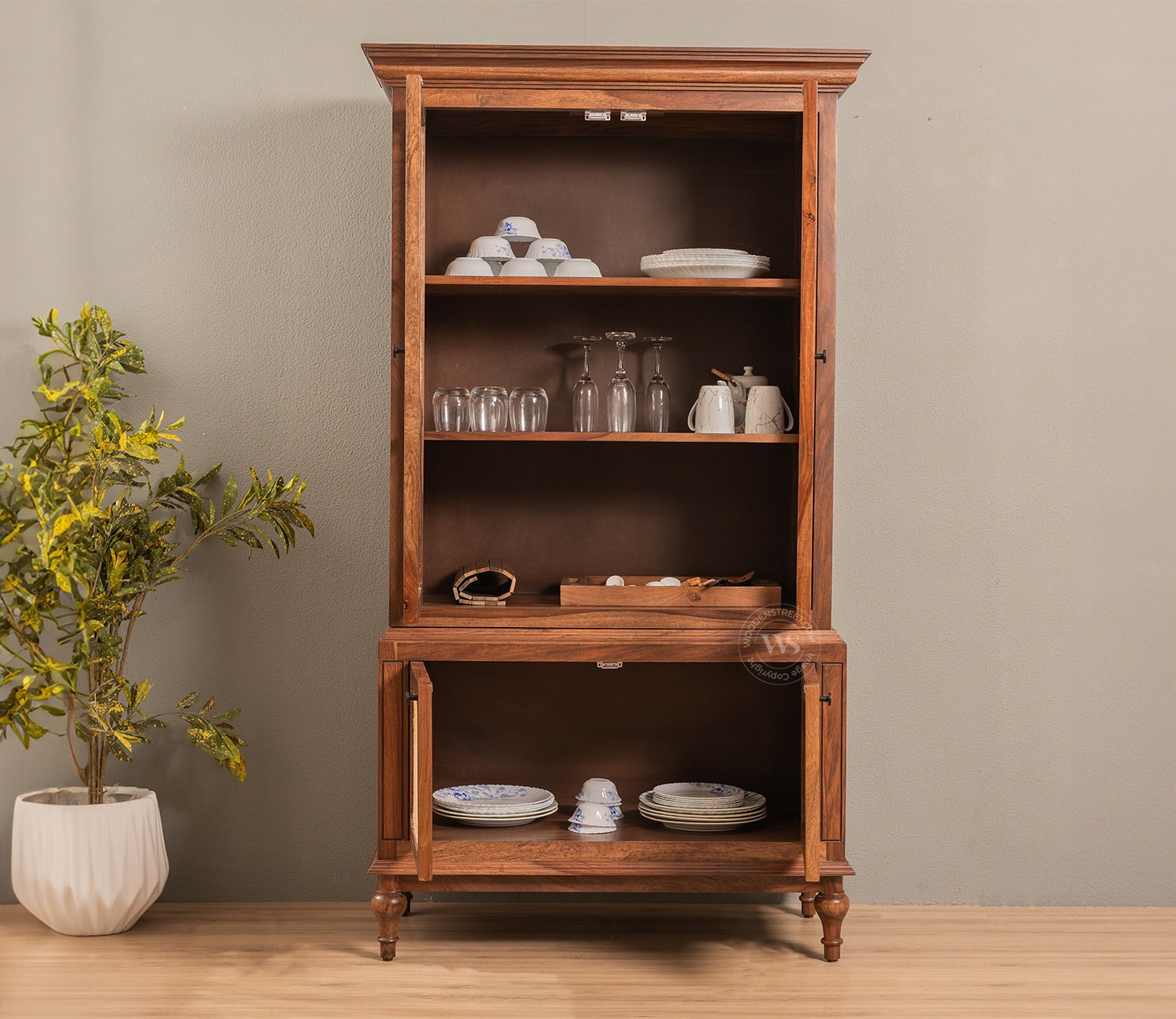 Taksha Sheesham Wood Kitchen Cabinet with Glass Doors & Cane Accent (Teak Finish)