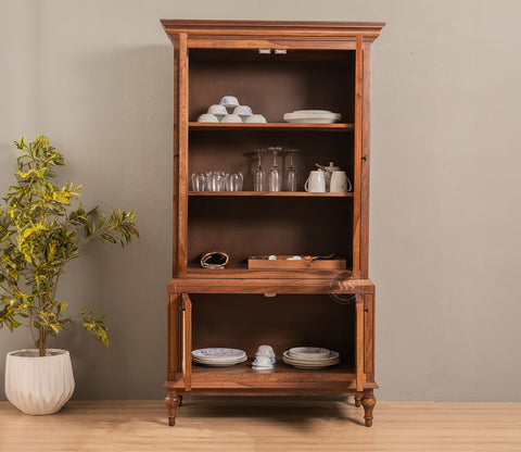 Taksha Sheesham Wood Kitchen Cabinet with Glass Doors & Cane Accent (Teak Finish)