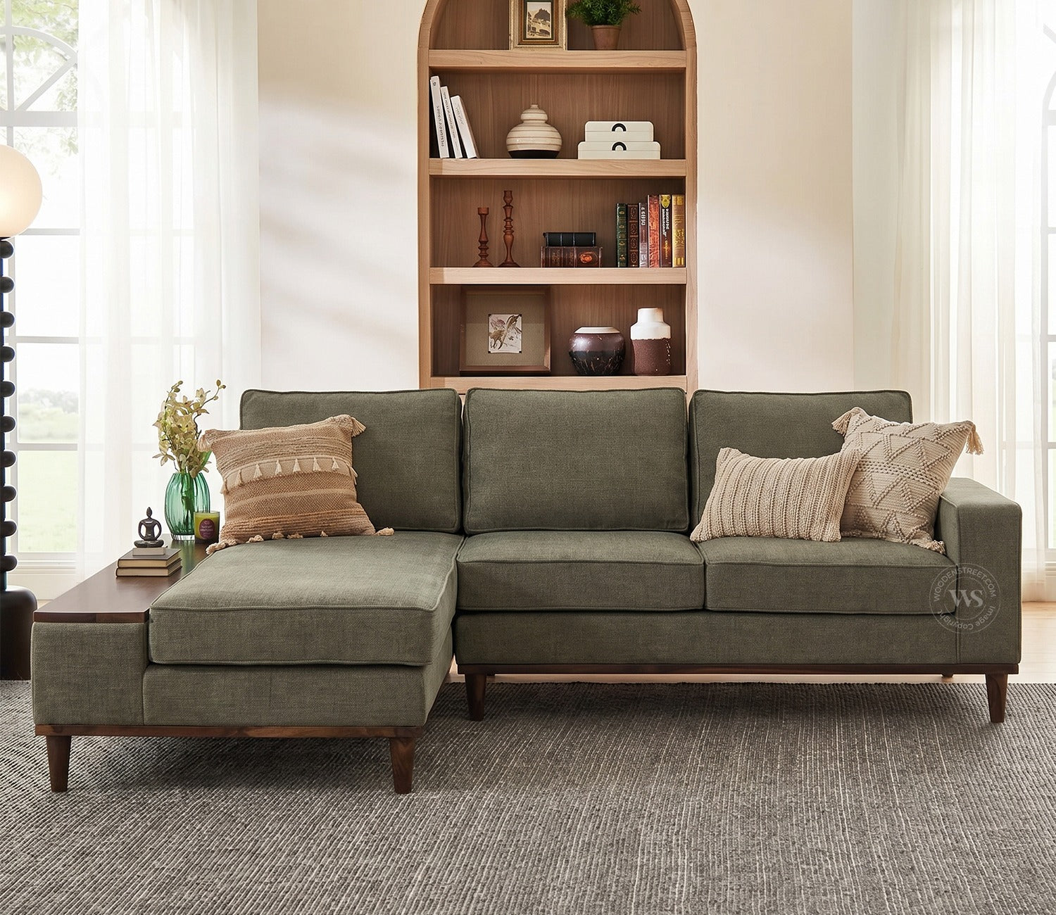 Ashion Premium Left Aligned L Shape Sofa with Built-in Side Wooden Deck (Sage Green)