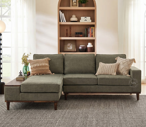 Ashion Premium Left Aligned L Shape Sofa with Built-in Side Wooden Deck (Sage Green)