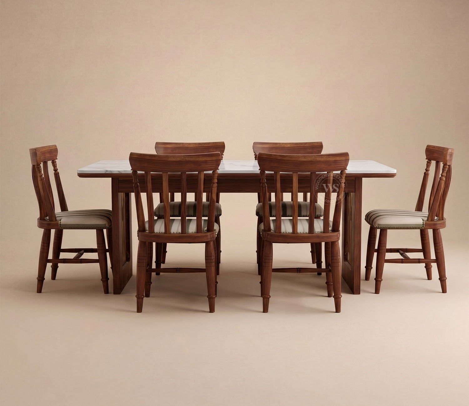 Kanak Designer 6 Seater Sheesham Wood Dining Table Set with Mishaan Quartz Top Table and Misha Chair (Teak Finish)
