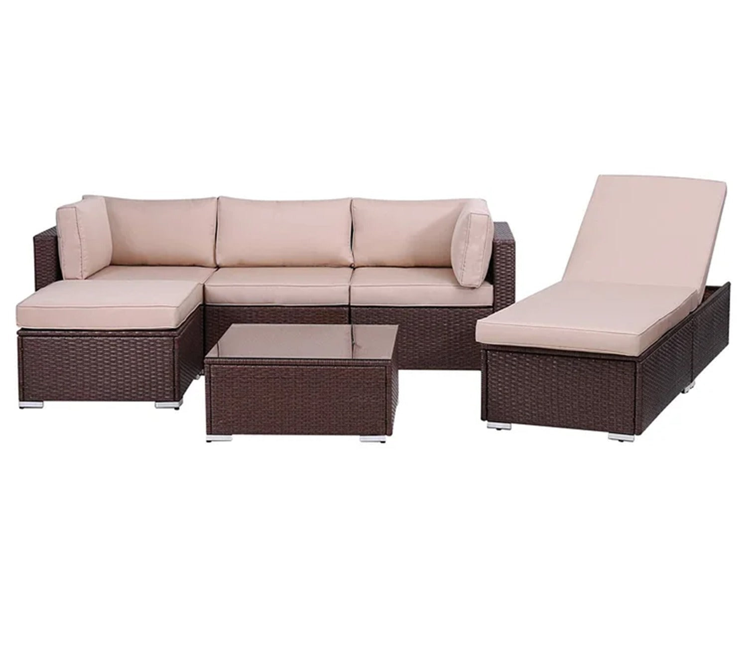 Dark Brown Rattan And Wicker 5 Seater Sofa Set With Table And Cream Cushions