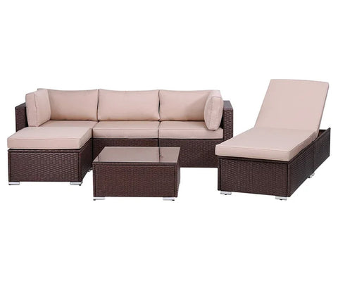 Dark Brown Rattan And Wicker 5 Seater Sofa Set With Table And Cream Cushions