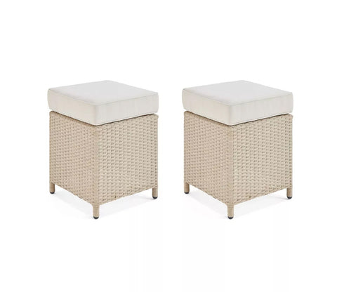 Beige Rattan And Wicker Patio Set With Table And Off White Cushions