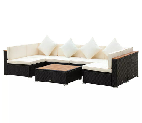 Black Rattan And Wicker 6 Seater Patio Set With Table And Cream Cushions