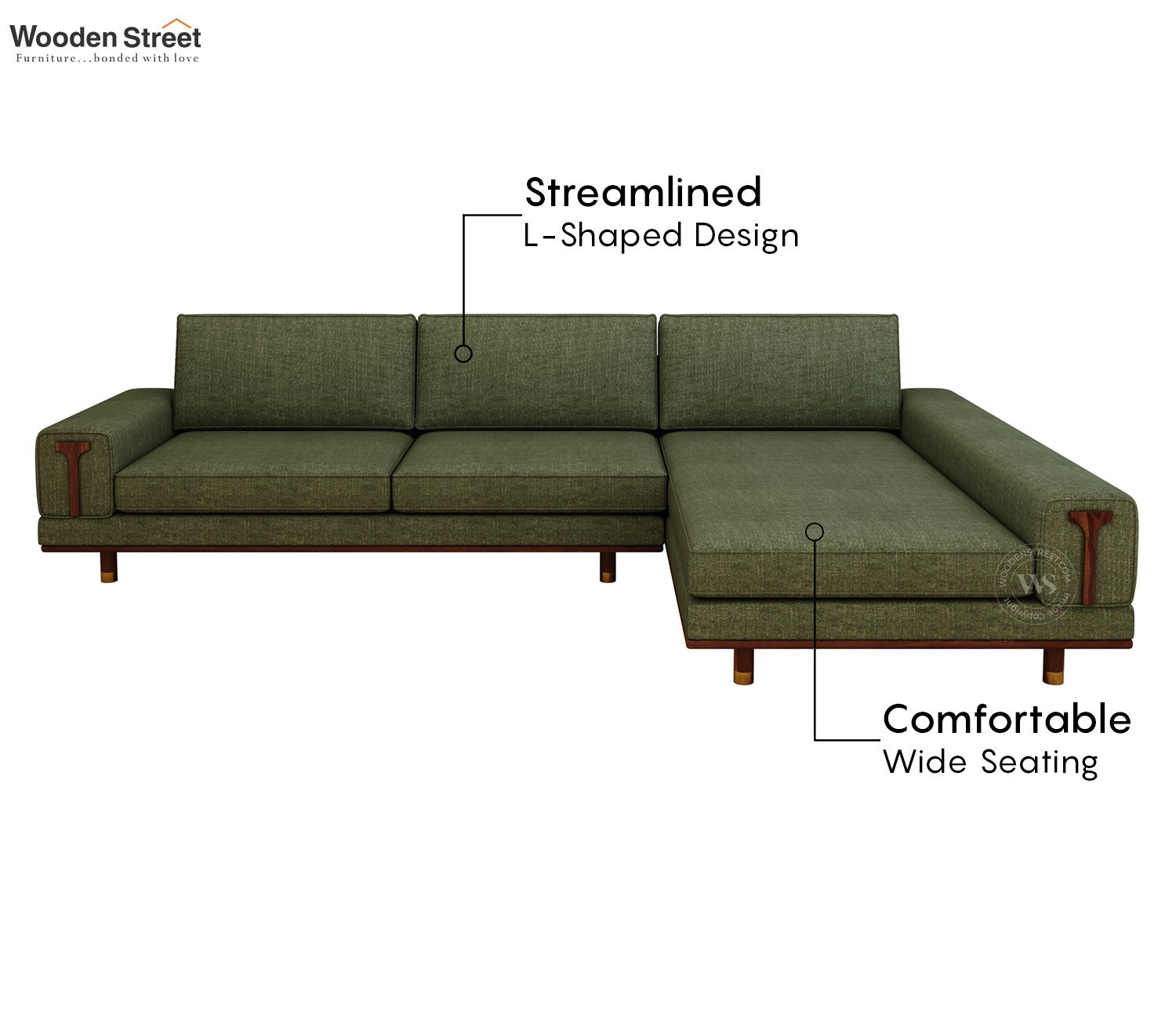 Nivas L-Shaped Sofa with Wooden Accents (Sage Green)