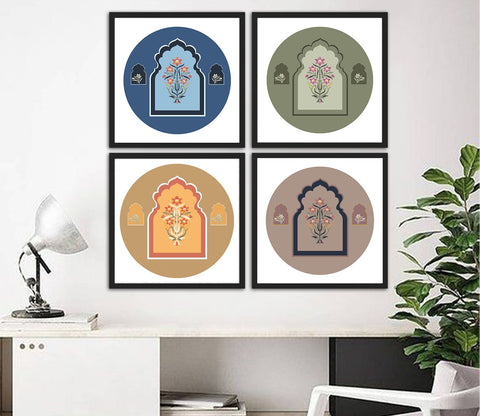 Lively Floral Print Jharokha Set of 4 Wall Frame (Square, Black, 16x16 Inch, Matte Paper)