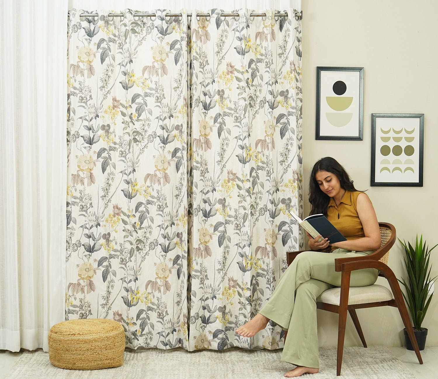 Leafy Floral Print Light-Filtering Door Curtains Set of 2 (Grey, 7 Feet)