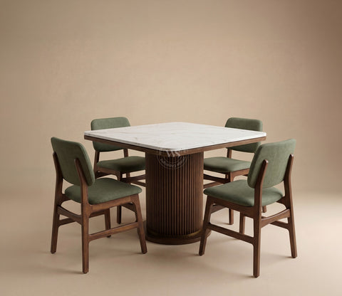 Samanvi 4 Seater Sheesham Wood Dining Table Set with Saumik Marble Top Table and Vinara Chair (Sage Green)
